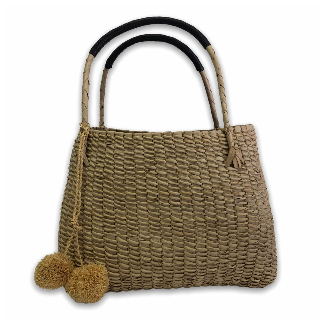 Beach Basket with Natural Raffia Pom-Poms