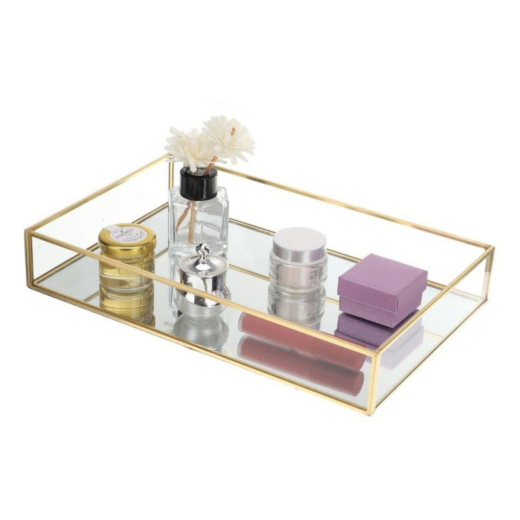 Rectangular Gold Metal and Glass Tray